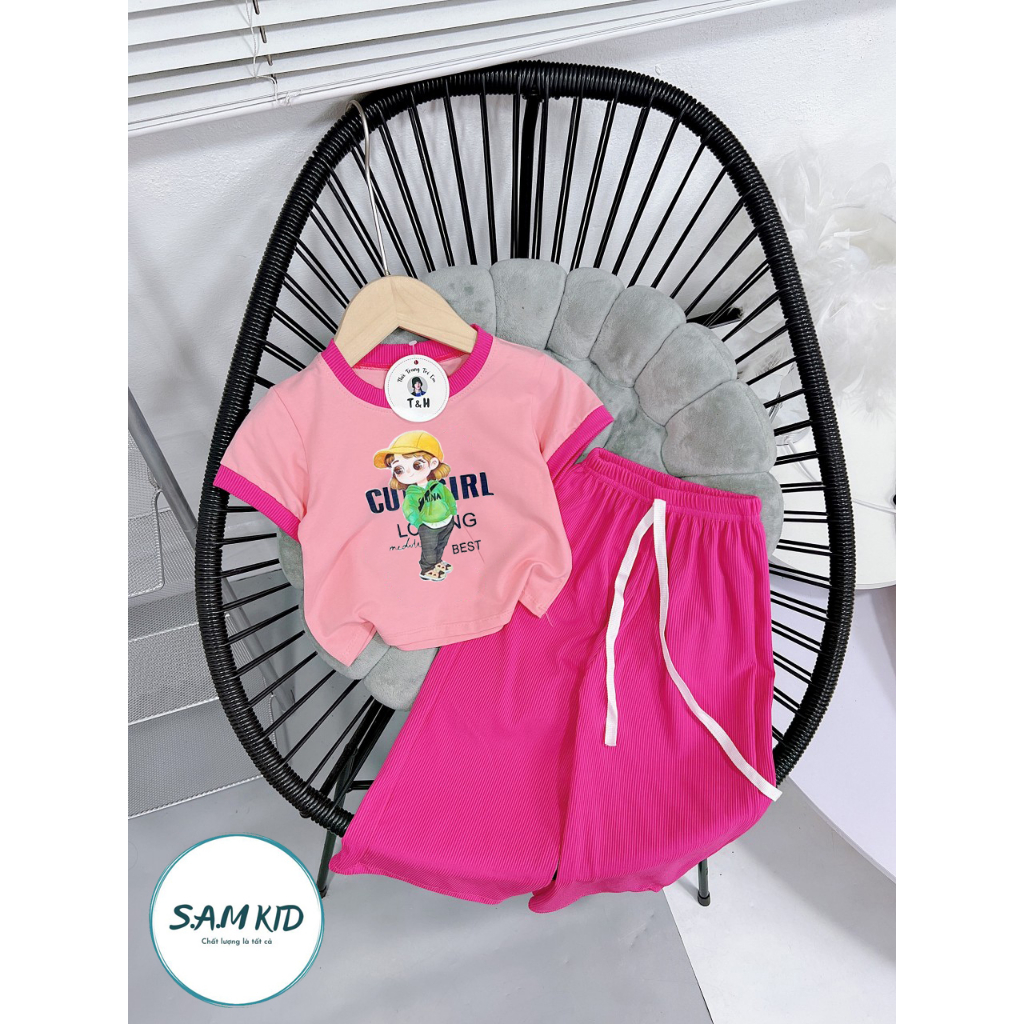 Đồ bộ bé gái quần ống rộng thu gân lụa có size đại mát mẻ mùa hè 4 màu xinh xắn