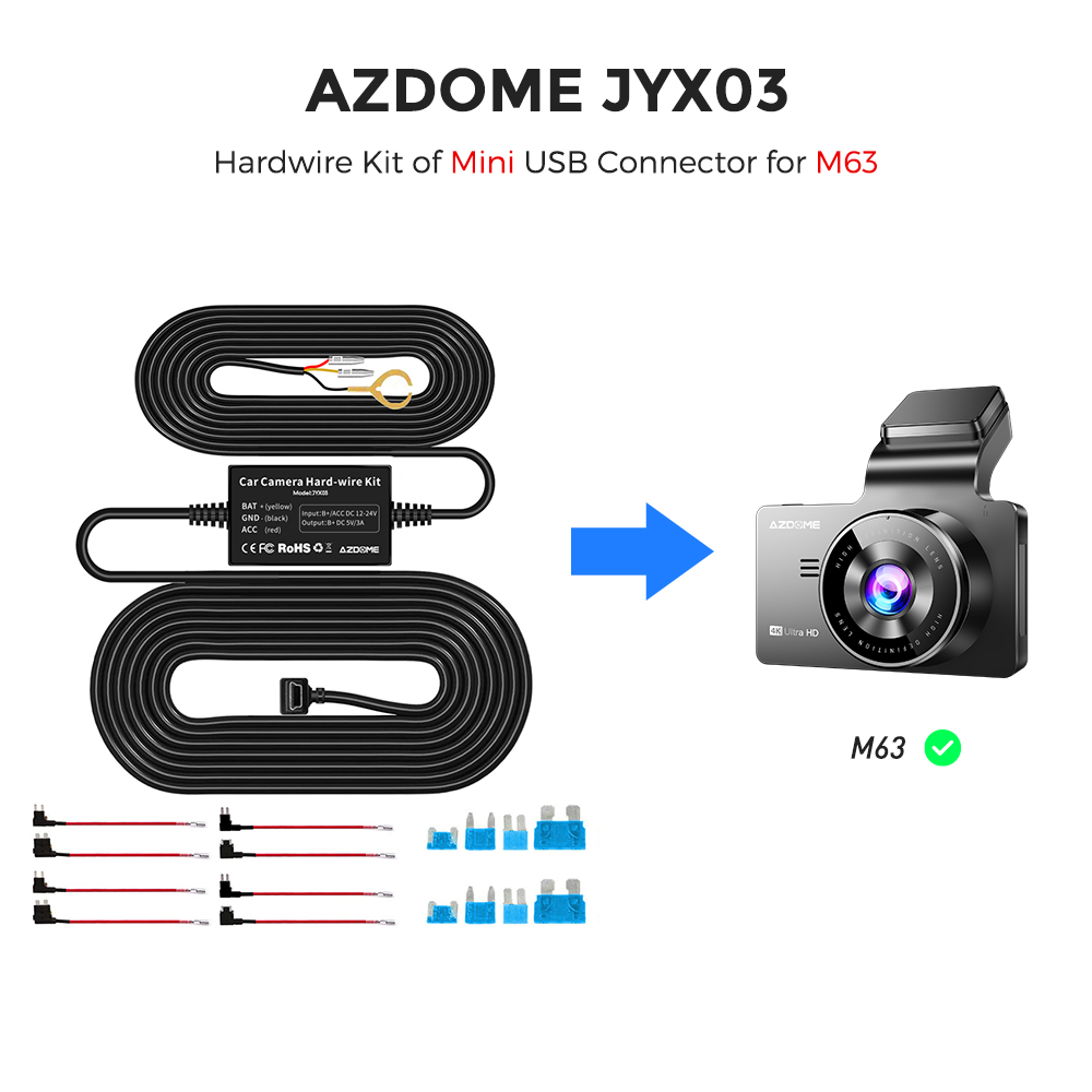 AZDOME Hardwire Kit for Dash Cam 24H Park Mode Monitoring, 12/24V to 5V