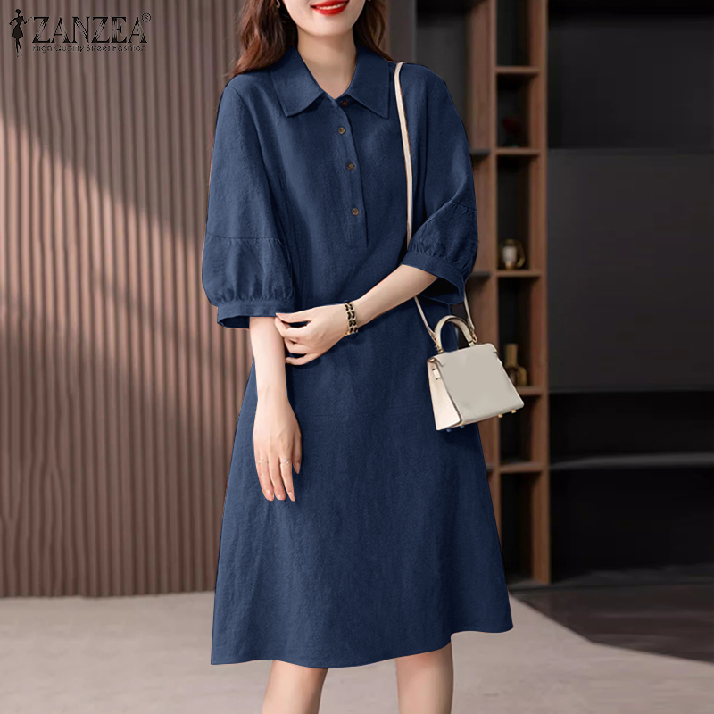 ZANZEA%20Korean%20Style%20Women's%20Dresses%20Casual%20Cotton%20Linen%20Short%20Sleeve%20Lapel%20Plain%20Loose%20Shirt%20Dress%20-%20Image%205