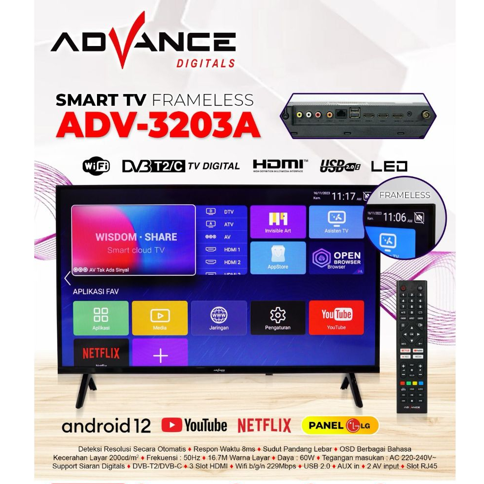 ADVANCE LED TV 32 INCH ADV 3203 A SMART TV FRAME LESS / Android Smart ...