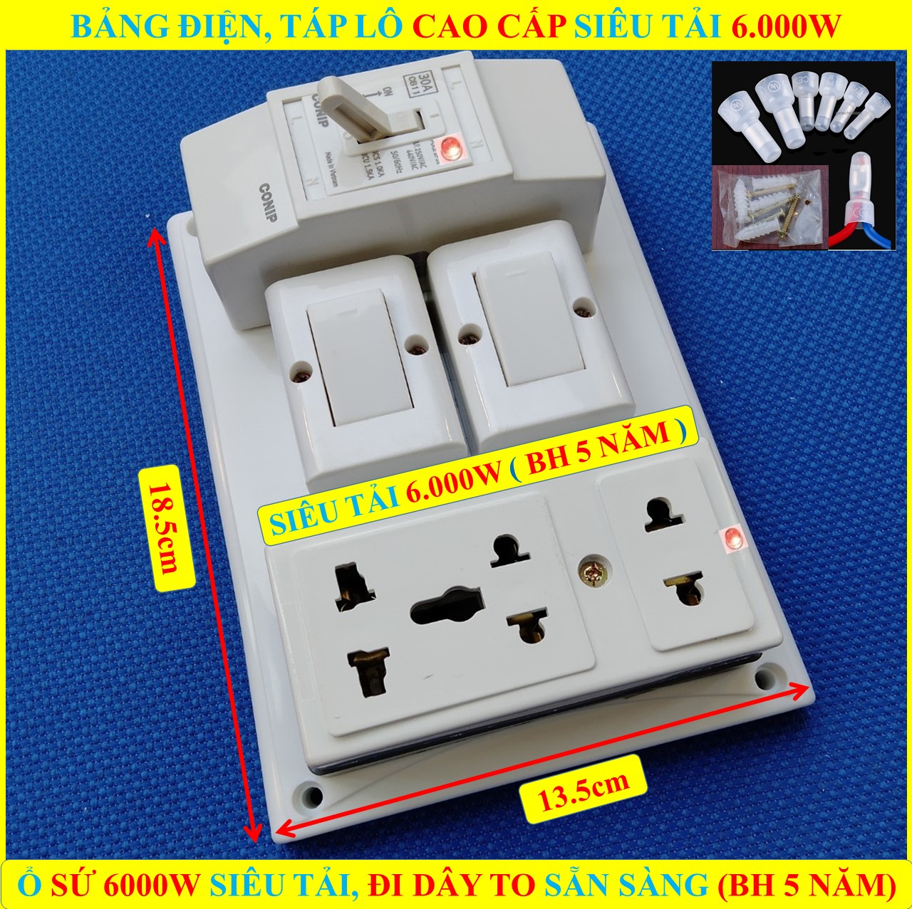 Bảng điện TỔNG 6000W SIÊU CHỊU TẢI (BH 5 NĂM) + 2 Công tắc + 1 Ổ cắm SỨ SIÊU TẢI 6000W CÓ lò xo chống giãn + ĐÃ ĐI DÂY TO sẵn sàng + Bộ vít lắp đặt (bộ 1 sp)