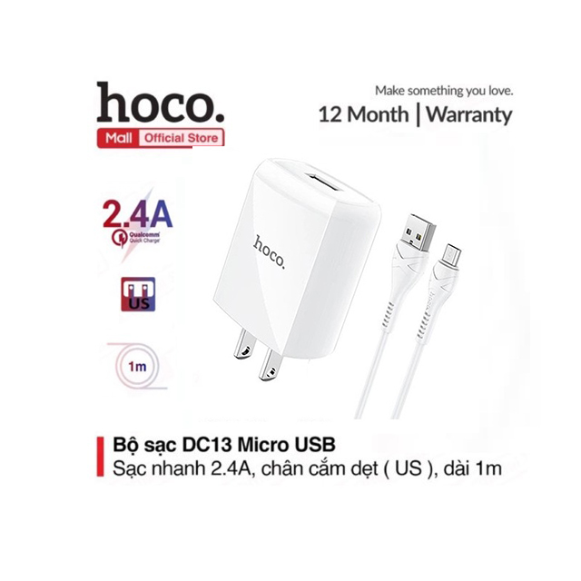 Bộ sạc hoco dc13 micro 2.4a chân dẹt tiêu chuẩn 1 cổng usb cho android