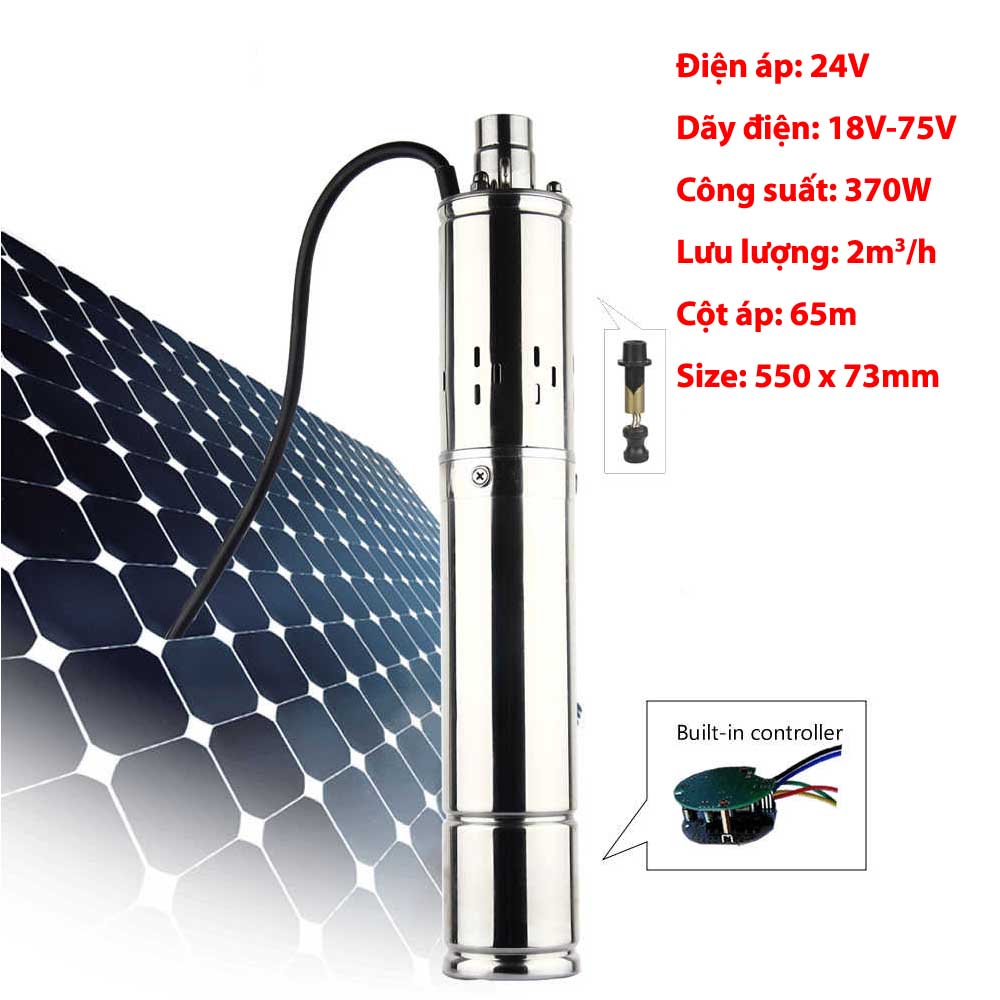 Bơm hỏa tiễn năng lượng mặt trời 24v 370w 3" 2.000l/h đẩy 65m - đầu đuôi chuột