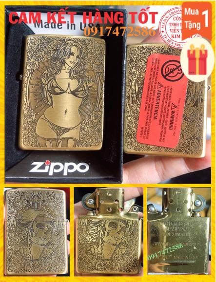 Bật lửa zippo mạ chrome khắc chìm 5 mặt, hình thiếu nữ tóc xoăn -ruột vàng vỏ đồng có tem đỏ