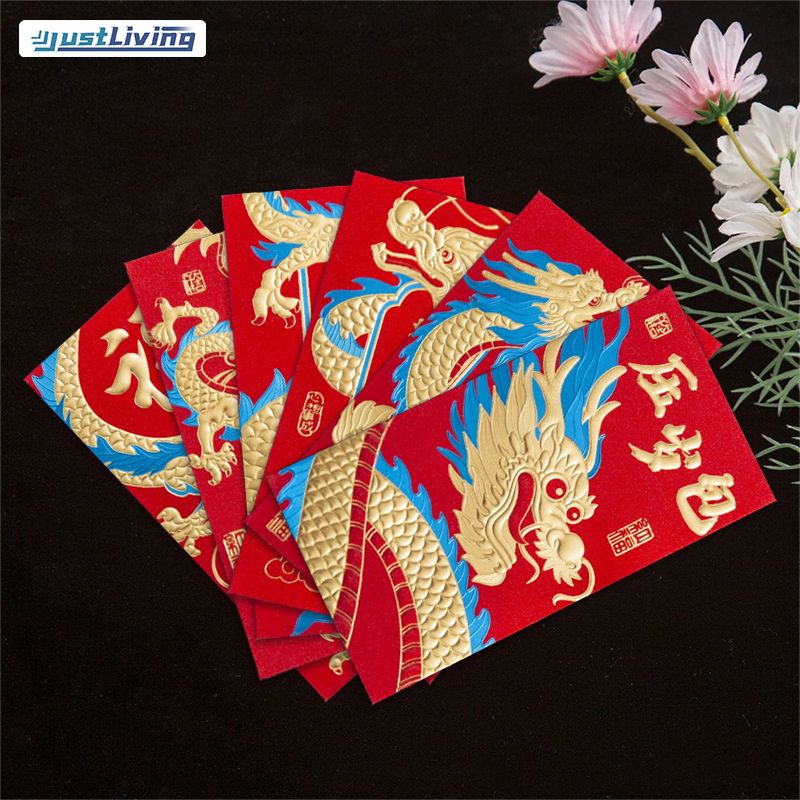 JustLiving 17x9cm 6PCS/set CNY Angpau Year of the Dragon Red Envelope 2024龙年利是封 Red Packet For Gift Bag Red Envelope Paper /Hongbao Thickened Three-dimensional Dragon Print Colorful Gifts angpao packet 磨砂蓝金