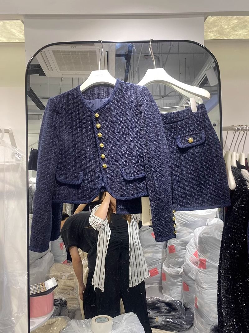 2Pc Plus Fleece Thickened Small Fragrant Coat Skirt Set Women's Winter Slimming Two-piece Set Trend Coat Skirt Suit