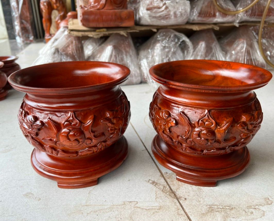 Bát nhang gỗ tràm nguyên khối chạm rồng cỡ đại ngang 20cm
