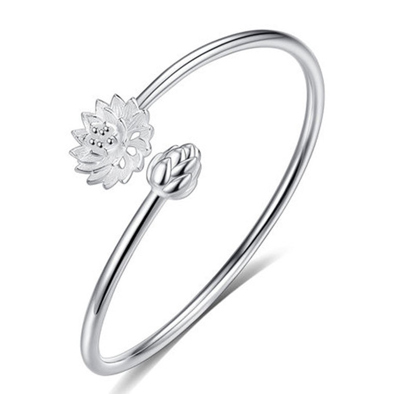 Korea Vòng Tay Charm Hoa Sen Bằng Bạc Vòng Tay Trang Sức Vòng Tay Hở Retro