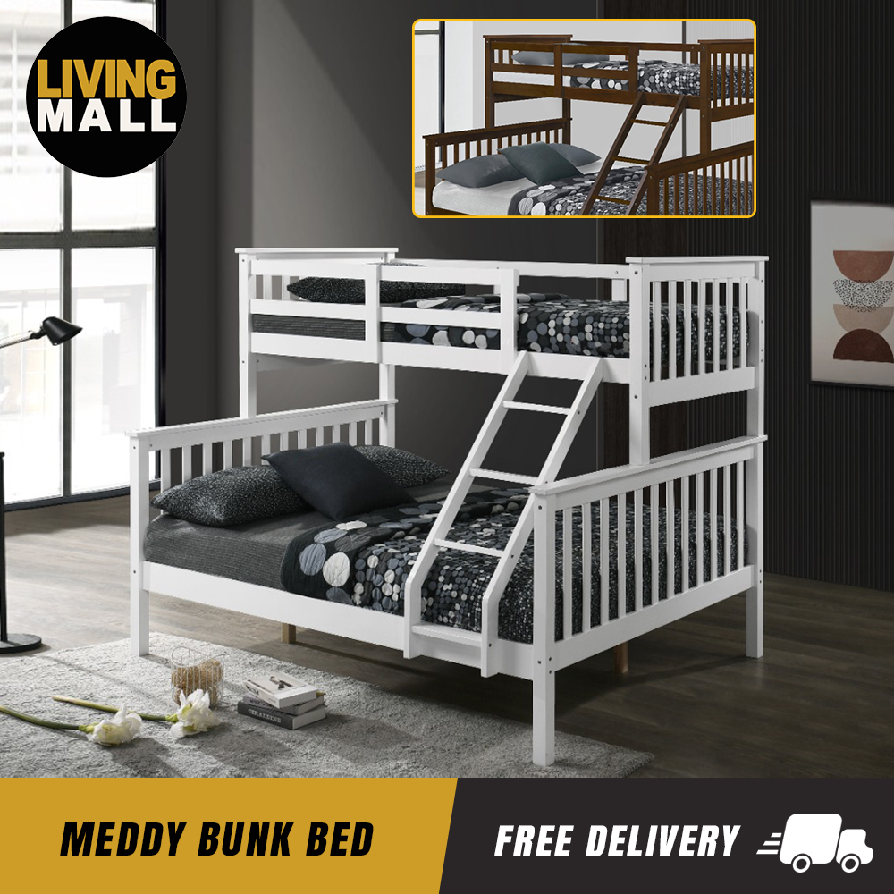 Living Mall Meddy Solid Wood Bunk Bed Frame in White & Walnut with