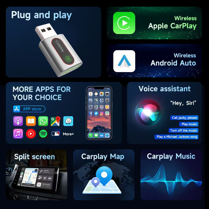Wireless,Android Auto 2-In-1 Aluminum CarPlay Adapter Box-Wired to Wireless Vehicle Connection.