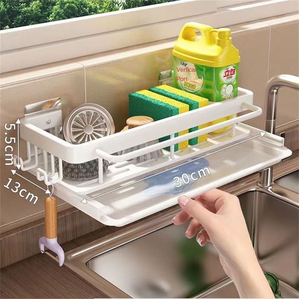 Homesty Kitchen Storage Rack With Drain Tray Space Saving Aluminum Sink Drainer Rack Wall-Mounted Hanging Kitchen Organizer Dishcloth Rack Sponge Holder Kitchen Organizer