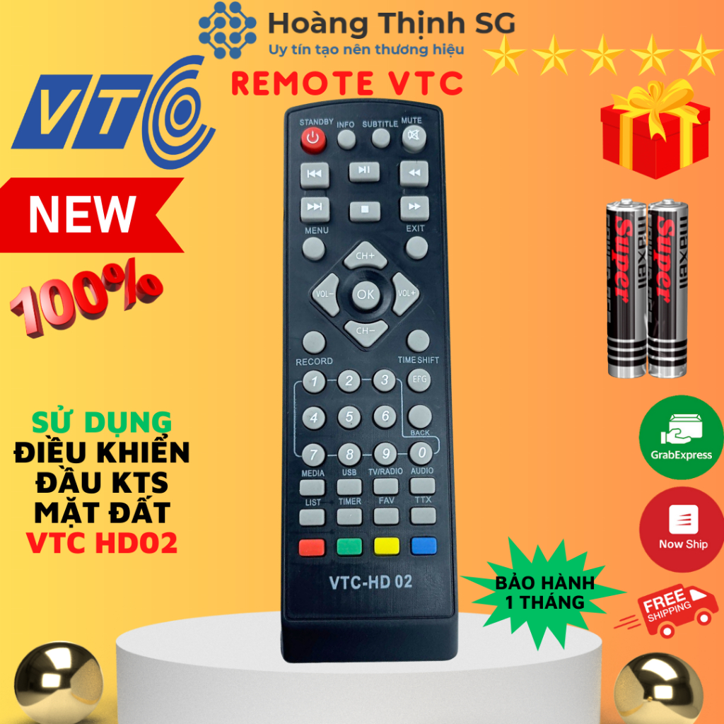 Remote điều khiển đầu kts mặt đất vtc hd02, điều khiển tivi truyền hình vệ tinh vtc t205 - tặng kèm pin