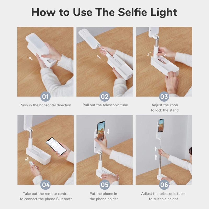 Foldable Selfie Light, Rechargeable Stand with Phone Holder and Remote Control , for Live Streaming and Photography