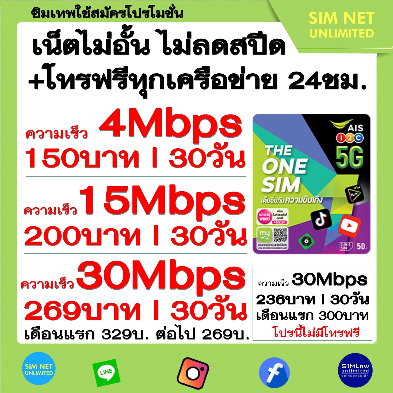 ซิมเทพ AIS เล่นไม่อั้น ไม่ลดสปีด +โทรฟรีทุกค่าย ความเร็ว 4Mbps(เดือนละ ...