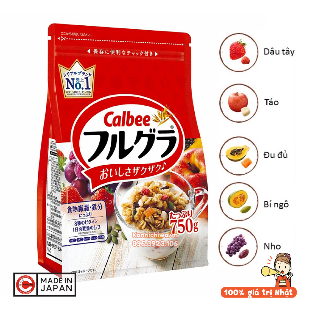 [Mẫu MỚI] Ngũ cốc trái cây CALBEE nội địa Nhật Bản - hương vị thơm ngon hấp dẫn, bổ sung dinh dưỡng, phù hợp cho người ăn kiêng, gói 750g