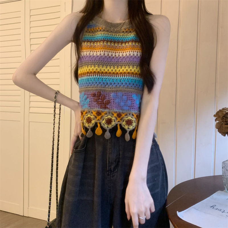 Aki20 Rainbow Stripe Hollow Out Knitted Strap Tank Top Summer 2023 New Heavy Industry Design Feel Sweet and Spicy Short Top Women