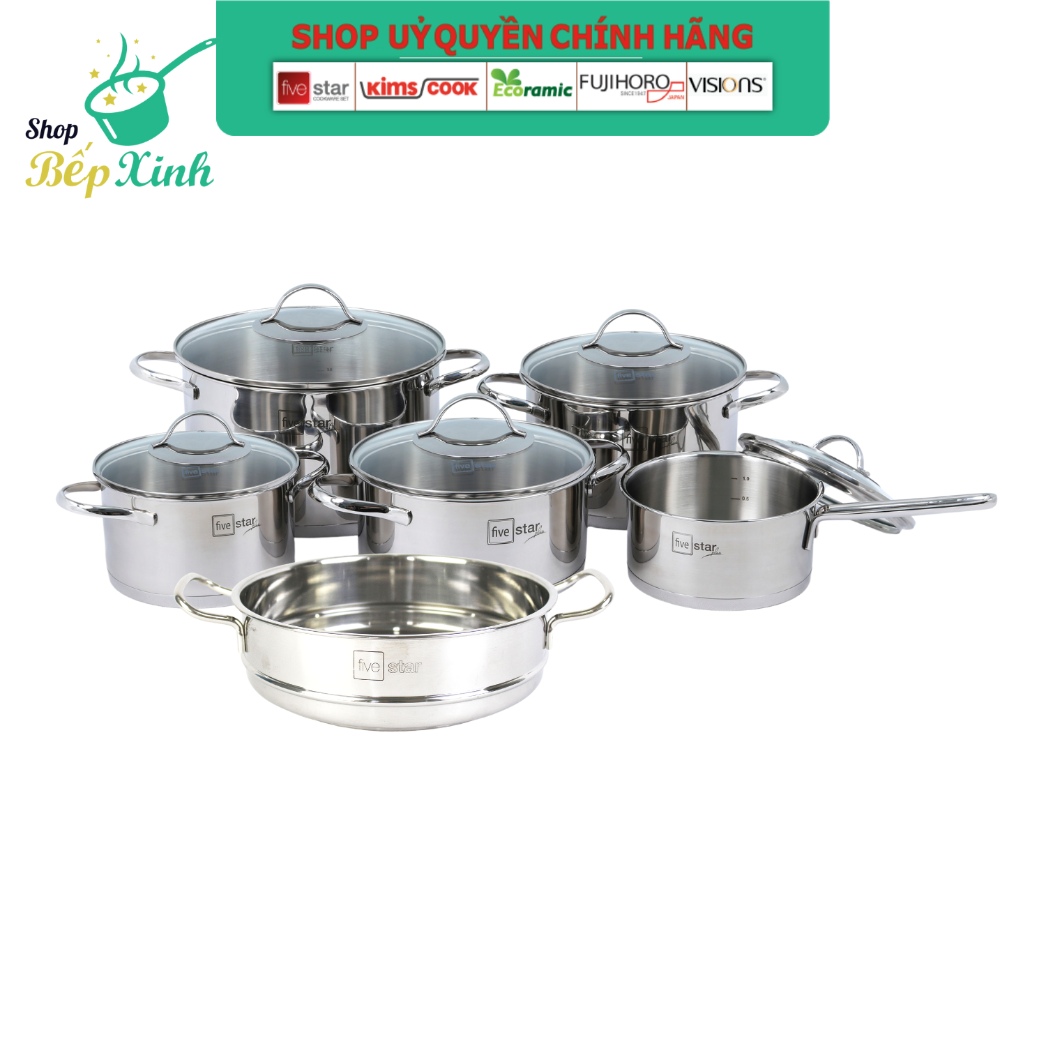 Combo bộ nồi inox 304 cao cấp và xửng hấp 24cm Fivestar 6 món 3 đáy từ nắp kính
