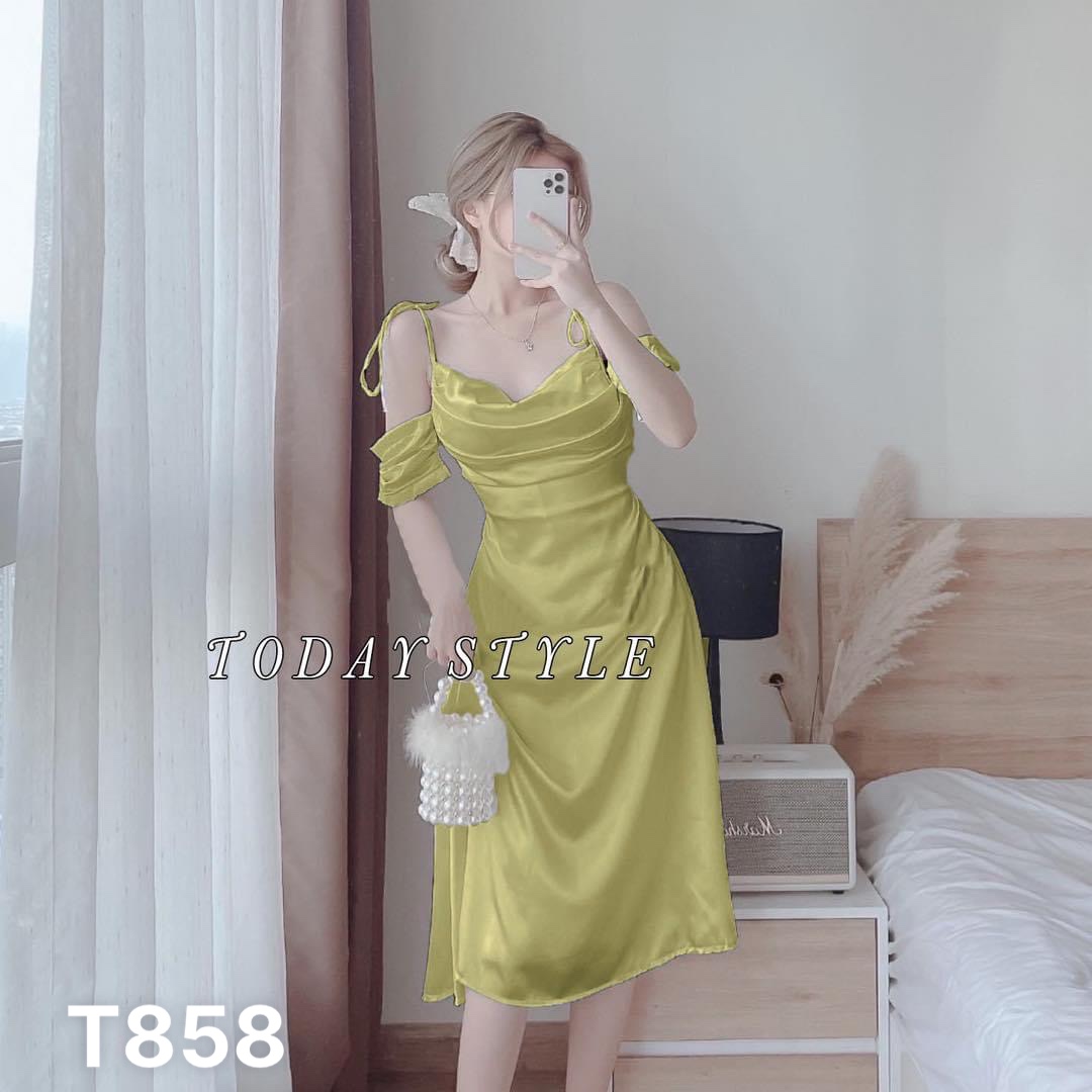Đầm 2 dây cổ đổ có mút cao cấp dự tiệc dạo phố lụa satin T858