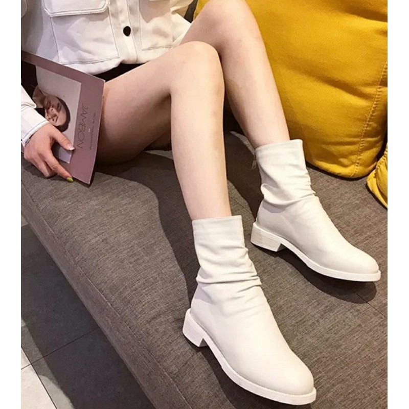 Giày bốt nữ cao cổ da nhăn đế bằng siêu chất