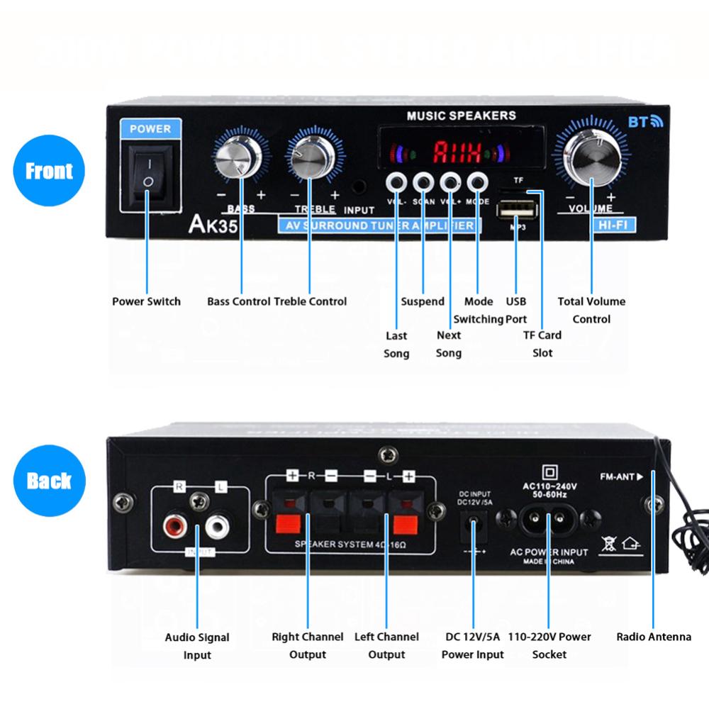 AK35 Bluetooth HiFi Stereo Audio Power Amplifier with USB TF RCA AUX In + Remote