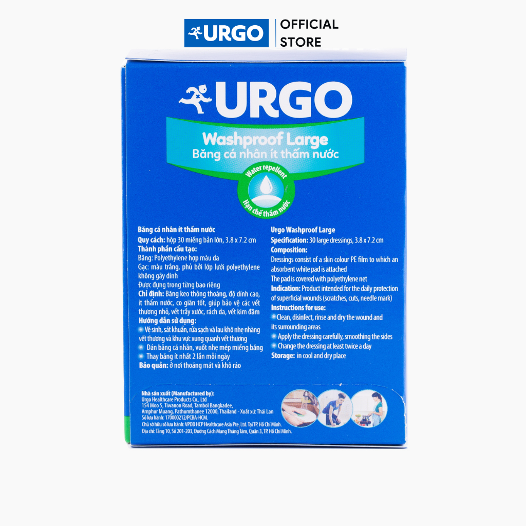 Băng cá nhân ít thấm nước Urgo Washproof Large (Hộp 30 miếng)
