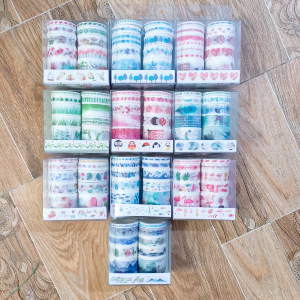 Hộp 10 Cuộn Băng Dính Washi Tape Pastel Băng Keo Dán Washi Tape Trang Trí Sổ Tập Đồ Dùng Học Tập