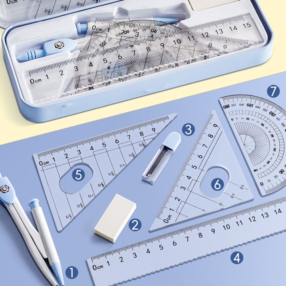 8PCS/Set Multi-Function Plastic Ruler Compasses Set Eraser Straight ...