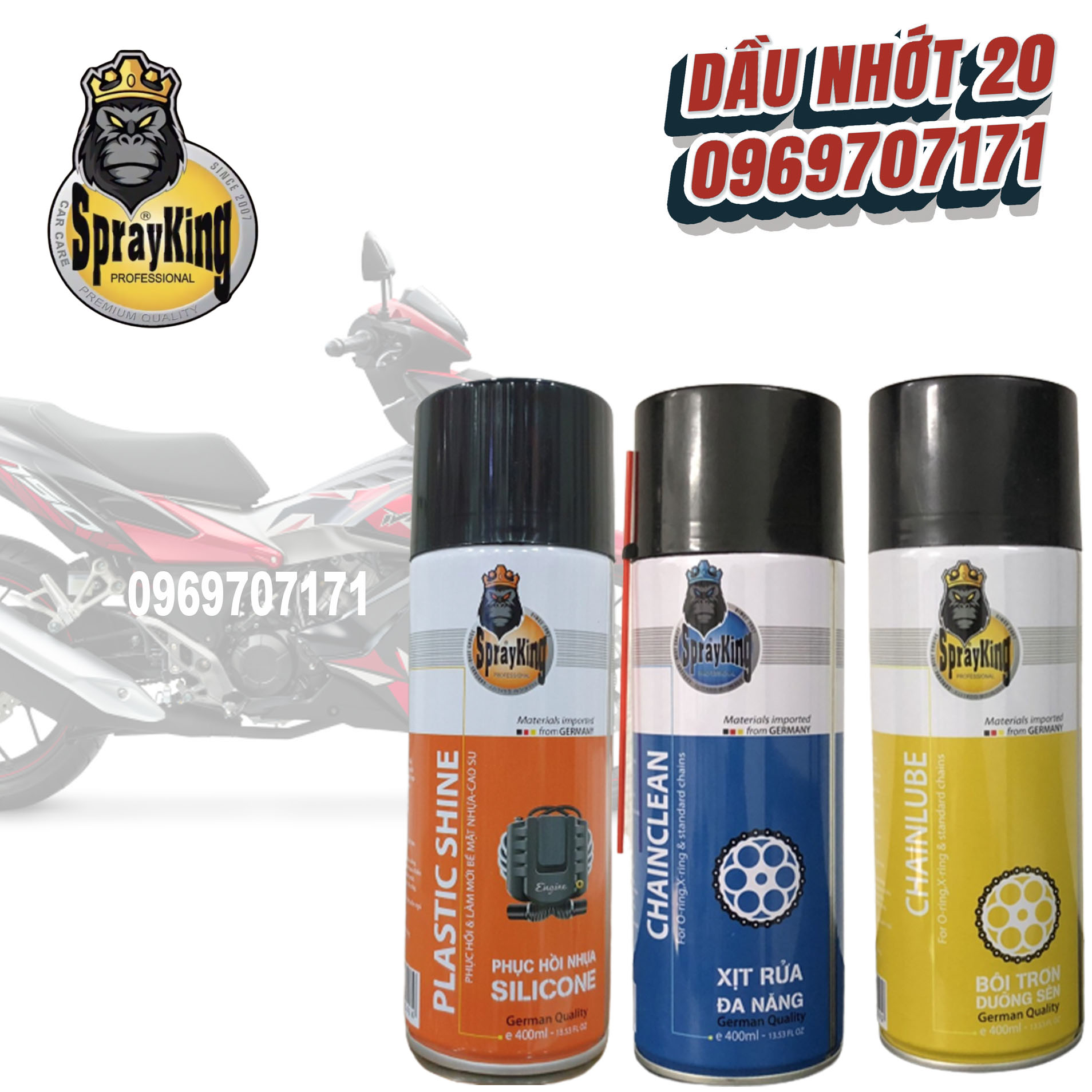 COMBO 3 Chai Sprayking Dưỡng sên , rửa sên , phục hồi nhựa nhám Sprayking 400ml, phục hồi nhựa Sprayking, rửa sên Sprayking, dưỡng sên Sprayking