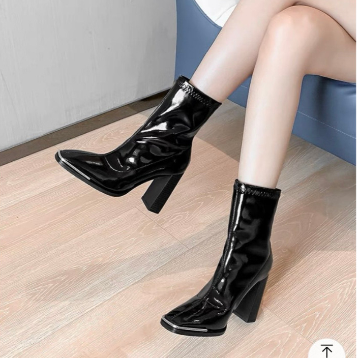 Bốt da bóng nữ sang chảnh , giày boot cổ lửng ôm chân chất da mềm gót 9cm