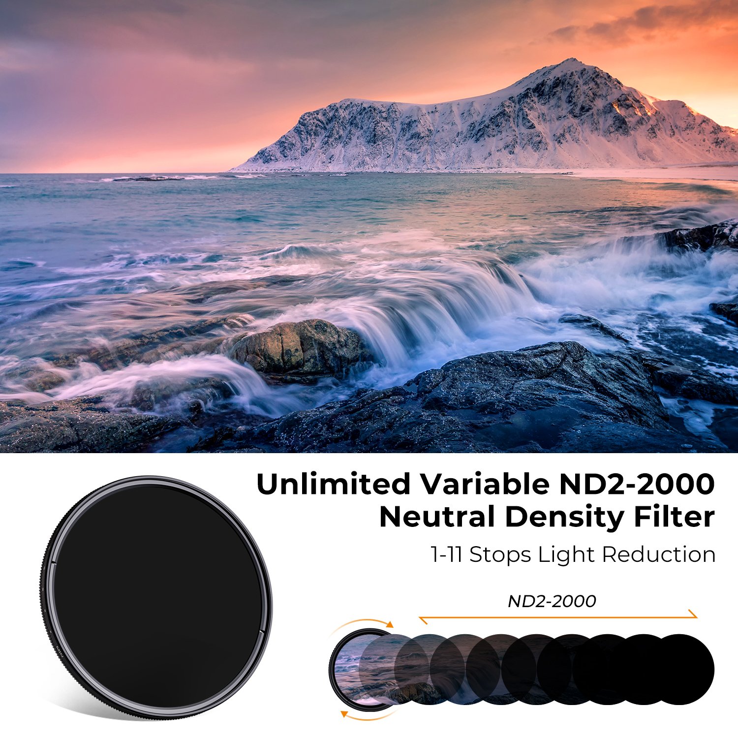 K&F Concept Variable ND2-2000 (1-11 Stops) ND VND Camera Lens Filter 18 Multi-Coated Adjustable Neutral Density Filter with 1 Cleaning Cloth for Camera Lens 49 52 55 67 72 77 82mm