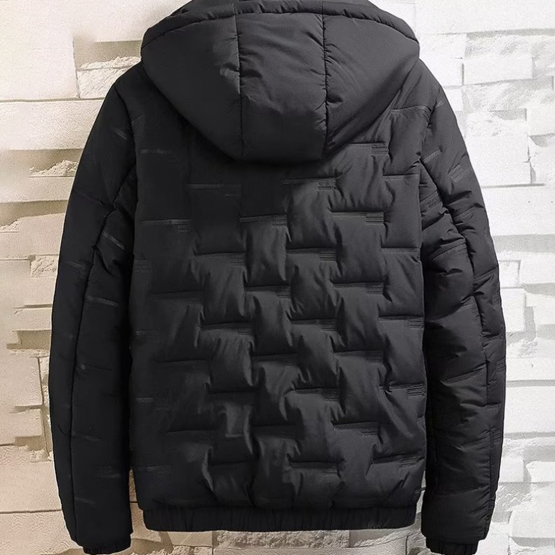 KYUSHUAD Men's black hooded thickened warm down jacket Solid color zippered casual cotton jacket