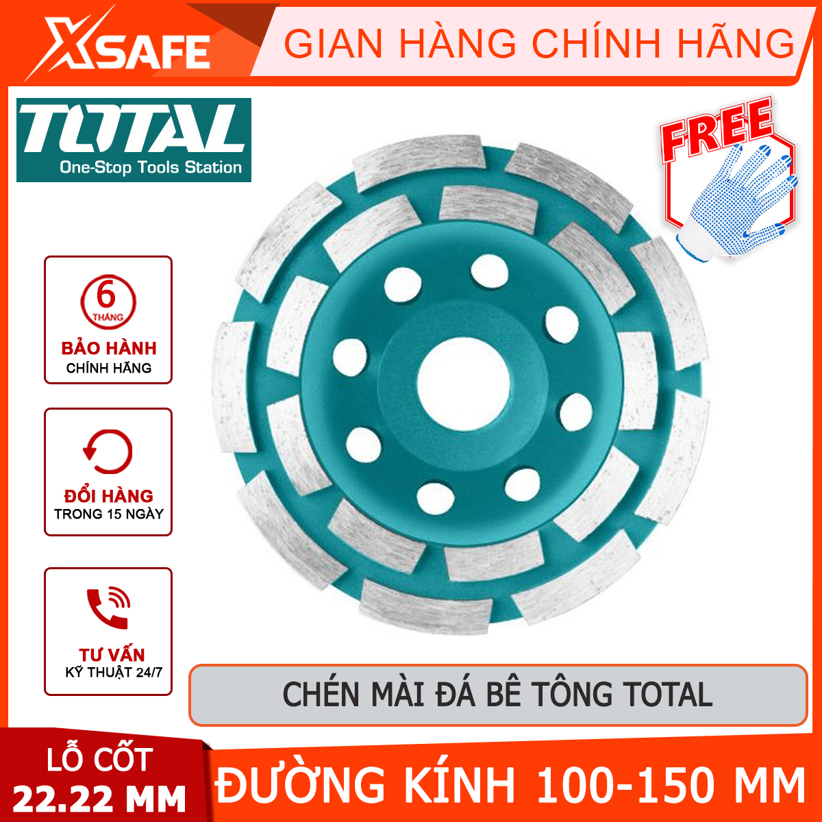 Chén mài đá bê tông total | chén mài đường kính: 100-150mm độ rộng lưỡi cắt: 20mm lỗ cốt: 22.22mm, dùng để mài nhẵn