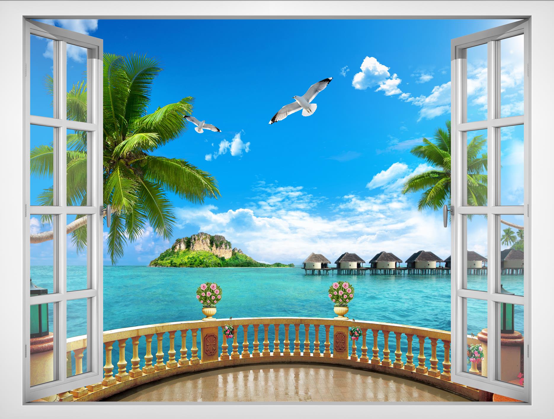 Tranh dán tường cửa sổ VTC Cảnh biển đẹp VT0407 Kim sa