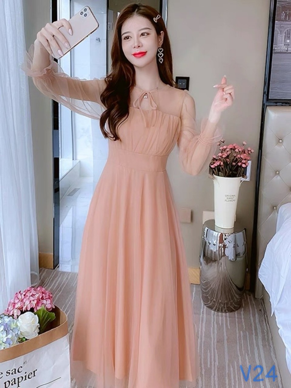 đầm hồng vải lụa tơ tiểu thư xinh lung linh ld22