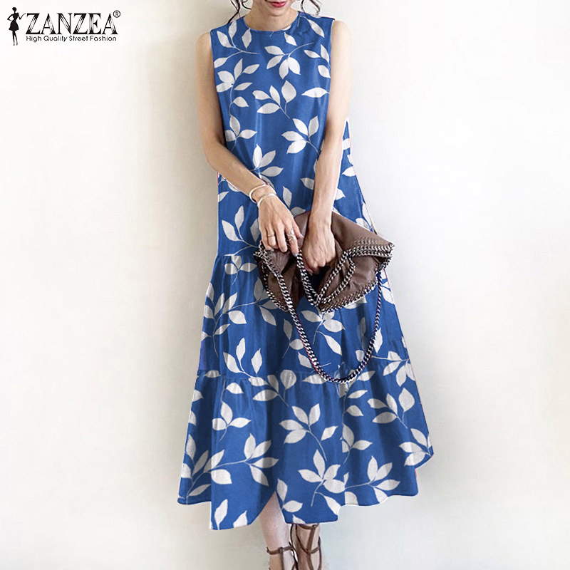 WOMEN'S SHORT PUFF SLEEVE V-NECK LEAF PRINT MAXI DRESS
