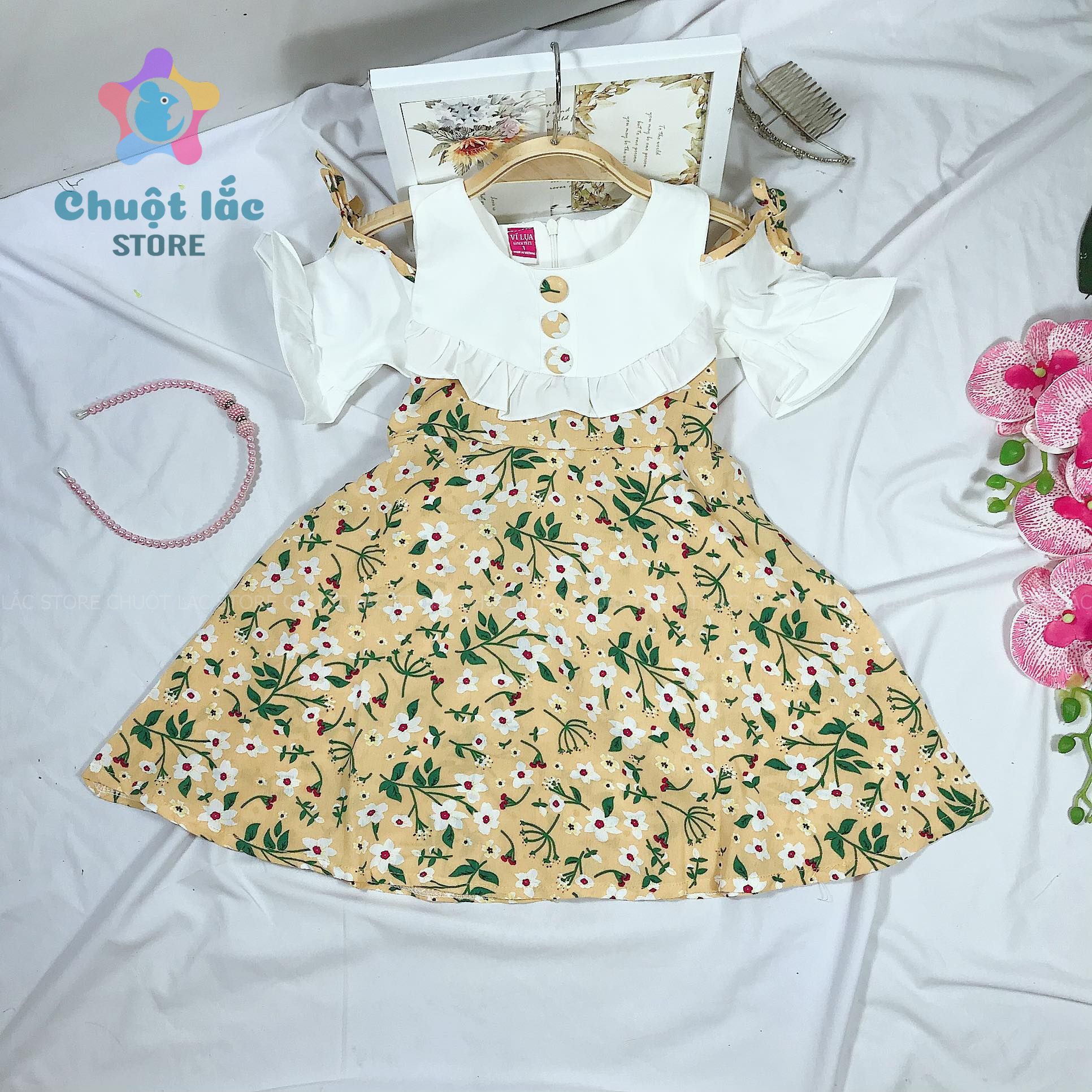 Váy đầm bé gái size đại kiểu xòe rớt vai hoa nhí chất lụa mềm mại 10kg đến 35kg màu đỏ vàng hồng xanh