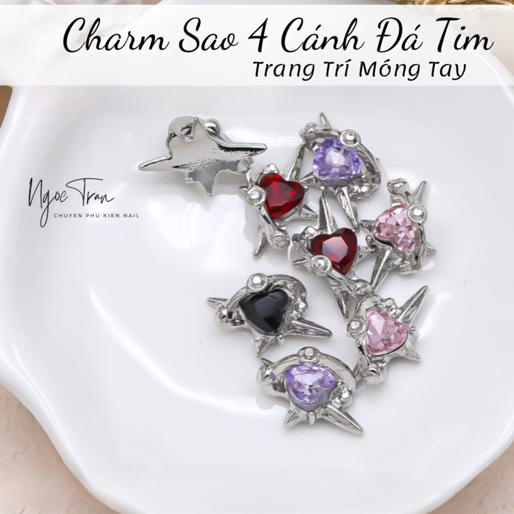 Charm Bạc Sao 4 Cánh Đá Tim Trang Trí Móng Tay AB