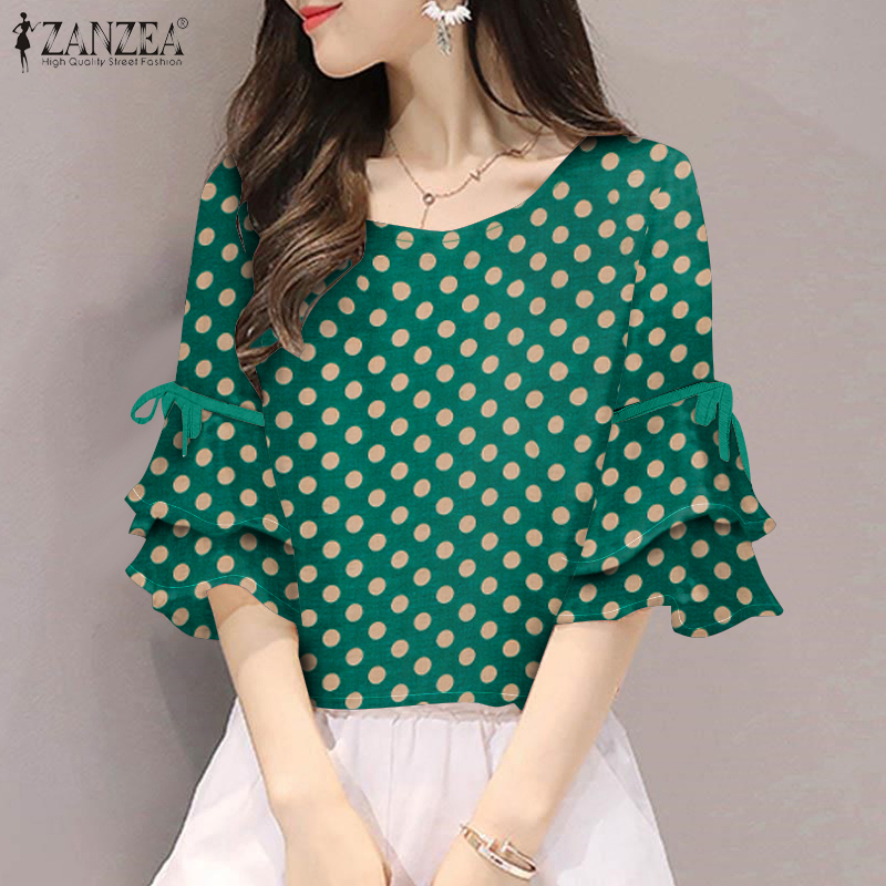 ZANZEA%20Korean%20Style%20Womens%20Elegant%20Ruffled%20Sleeve%20Polka%20Dots%20Blouses%20Ladylike%20Round%20Neck%20Lace%20Up%20Design%20Pullover%20-%20Image%202
