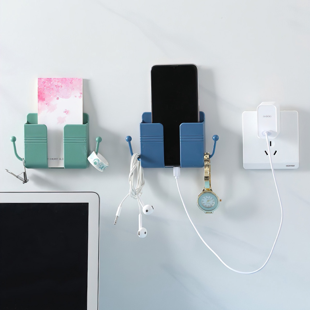 Giá Đỡ Dán Tường Để Sạc Điện Thoại, Remote, Ổ Cắm/ Kệ Đựng Đồ Dán Tường Kèm 2 Móc Treo Đồ -Lumbley