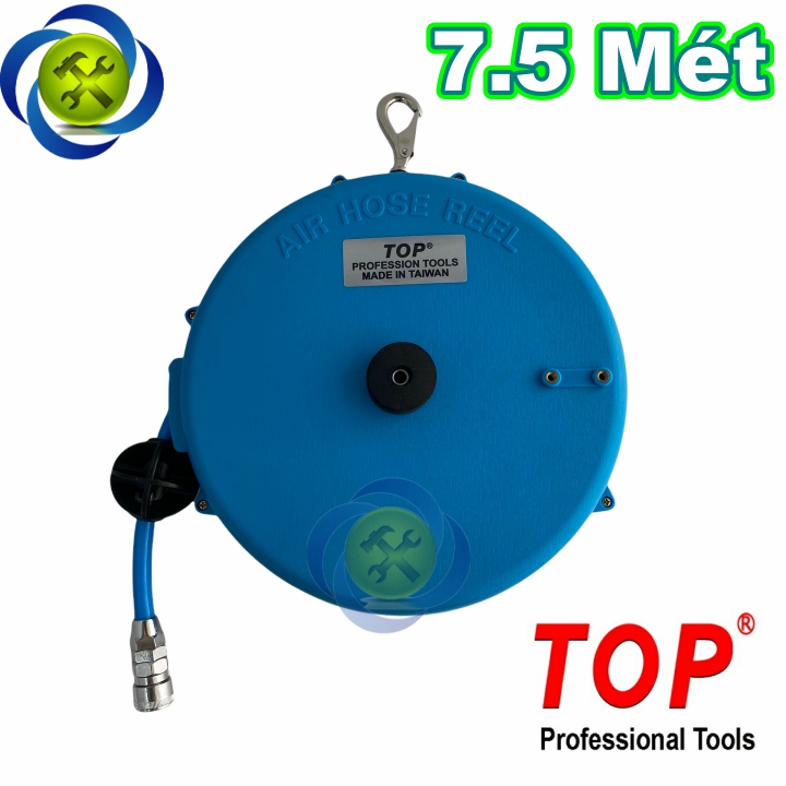 Cuộn dây hơi treo tự rút 7,5m top hr-600a ống 8mm x 12mm hộp nhựa xanh