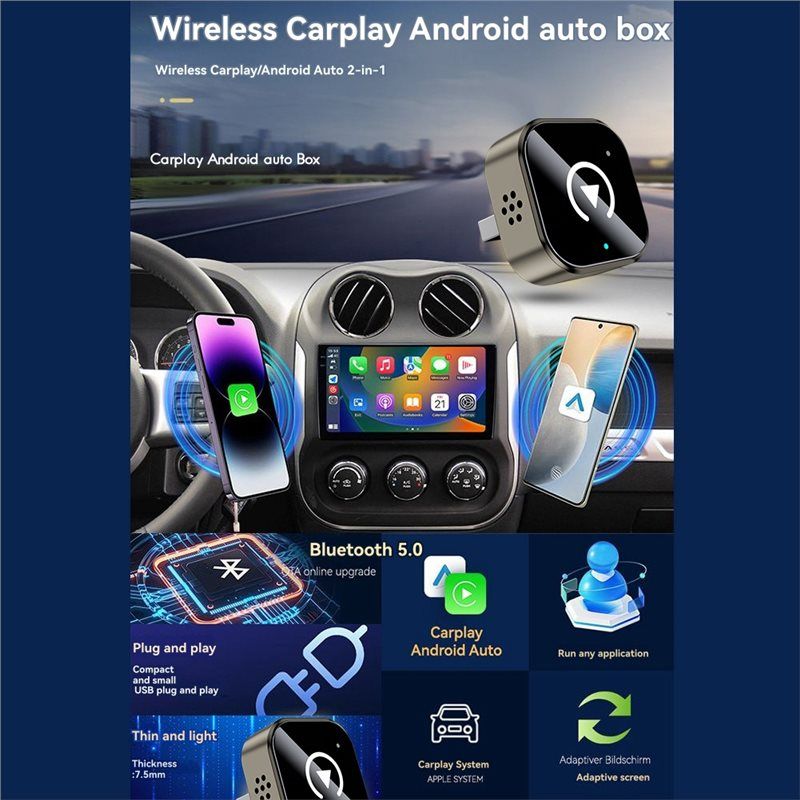 2IN1 Wireless CarPlay Android Auto Adapter BT+WIFI USB Dongle Plug Play Mini Smart Box Convert Wired Carplay to Wireless.