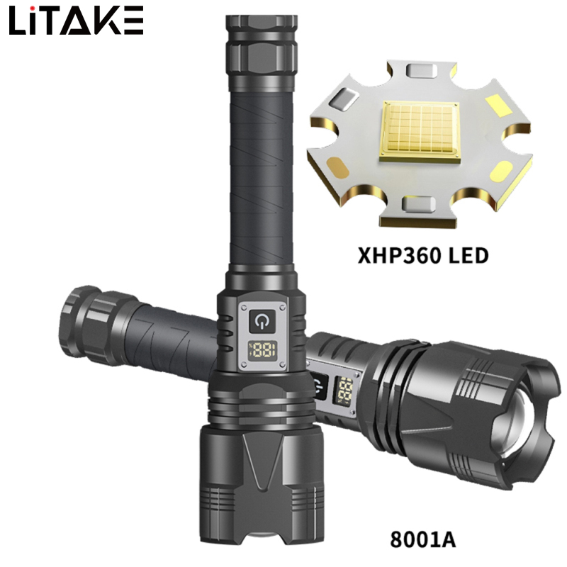 60W XHP360 Powerful Handheld Flashlights Digital Power Display IPX4 Waterproof Strong Light Long Range Outdoor Camping Flash Light Torch