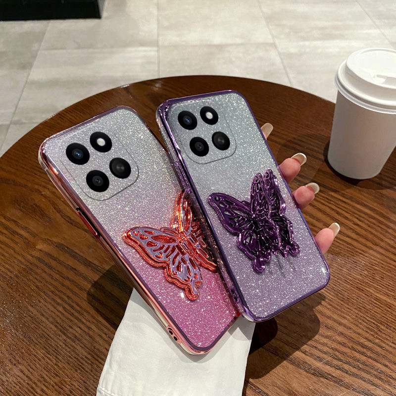 Phone cover Honor X8C Back case with Cute Butterfly Stand Luxury Slim Gradient Clear Plating Glitter Girls For Honor X8C 4G Phone cases. 