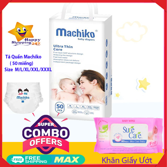 Combo 100 miếng tả quần MACHIKO và 80 miếng khăn ướt SURE CARE/Phú Đạt