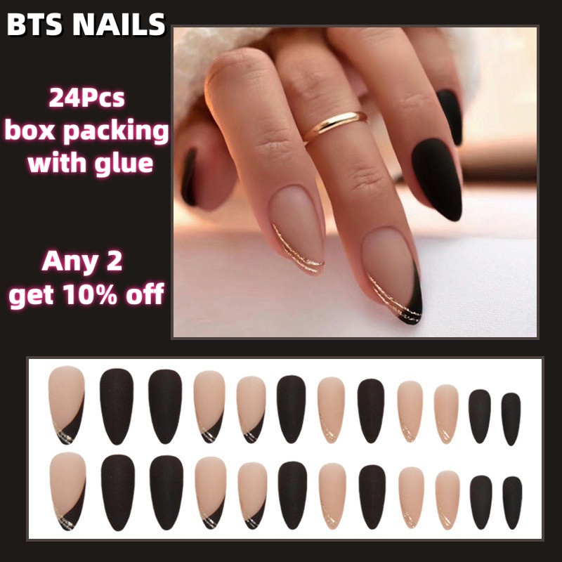 BTS%20%E3%80%90WITH%20GLUE%E3%80%9124Pcs%20Black%20Fake%20Nails%20DIY%20Art%20Design%20Cool%20False%20Nails%20Wearable%20Nails%20Pointy%20Shape%20Artificial%20Nails%20-%20Image%202