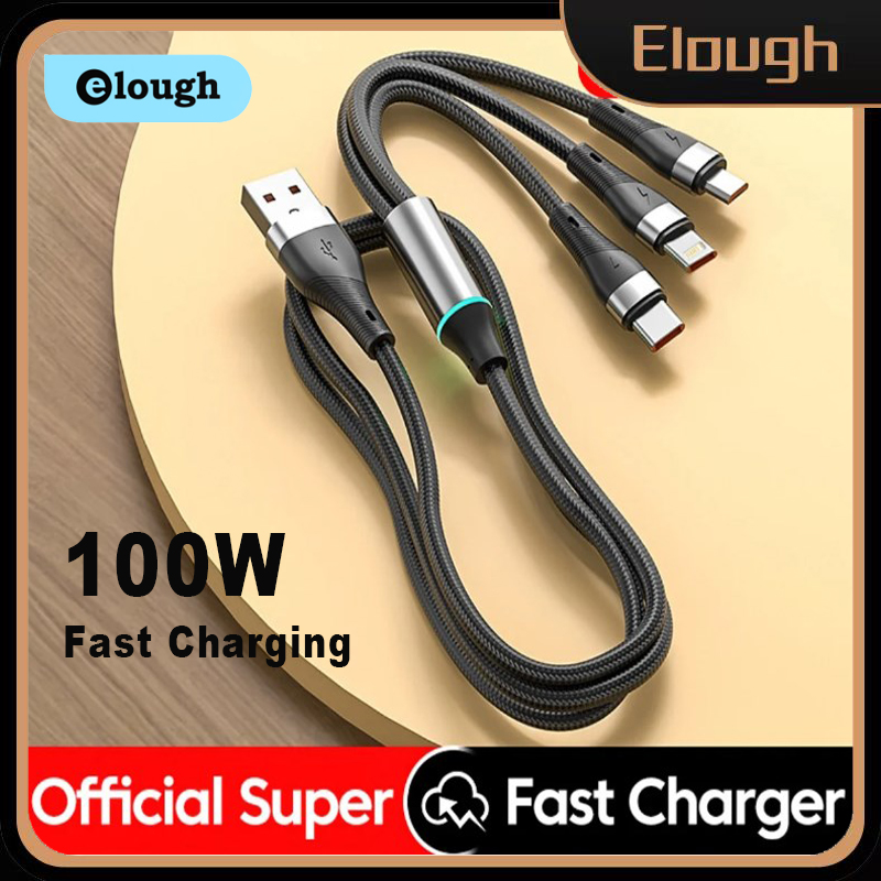 Elough 100W 3 in 1 USB Fast Charging Cable For Iphone Haiwei 6A Type C Charging Data Cable Multi Port Micro USB Charging Wire