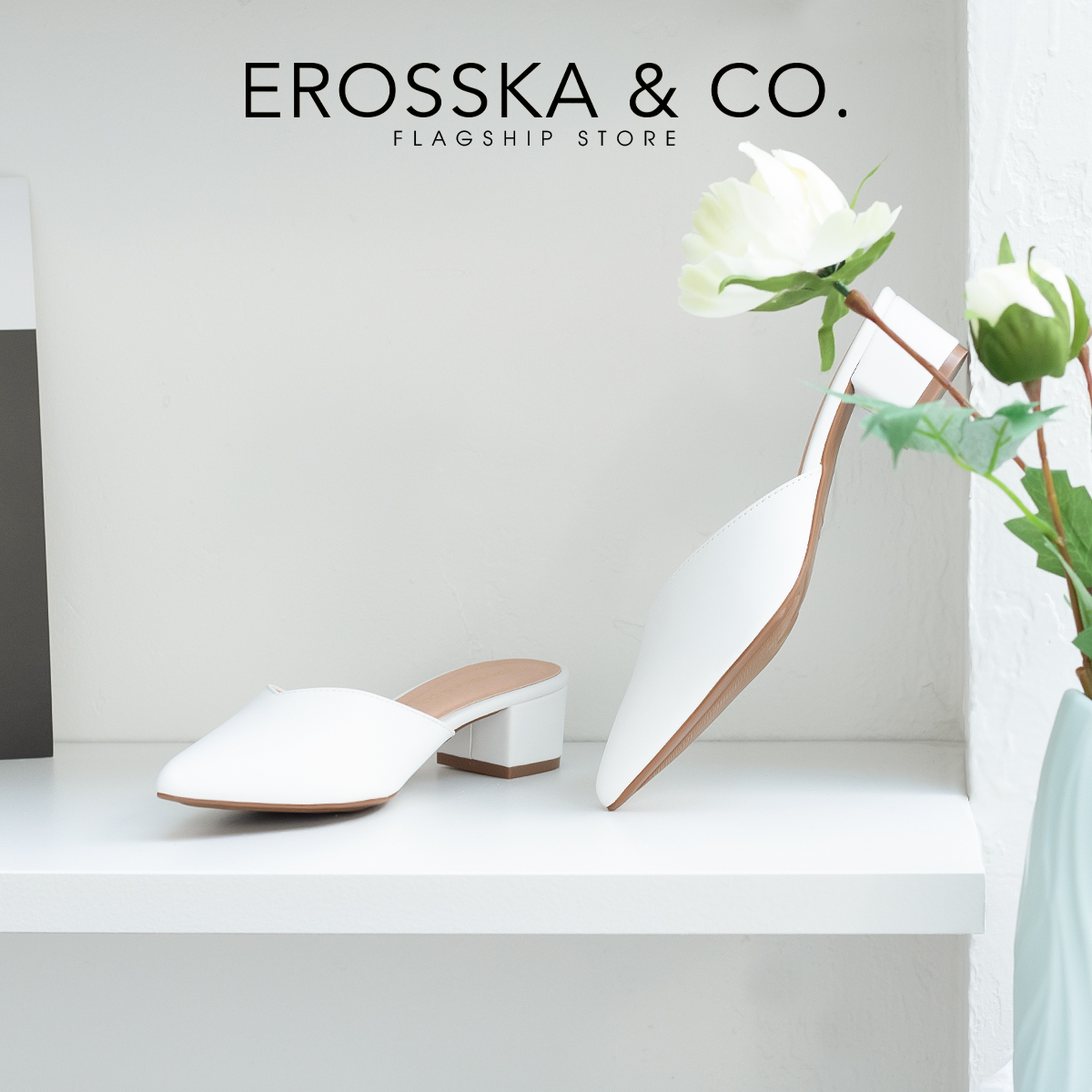 Dép cao gót bít mũi thời trang Erosska kiểu dáng Hàn Quốc cao 3cm màu trắng - EM076
