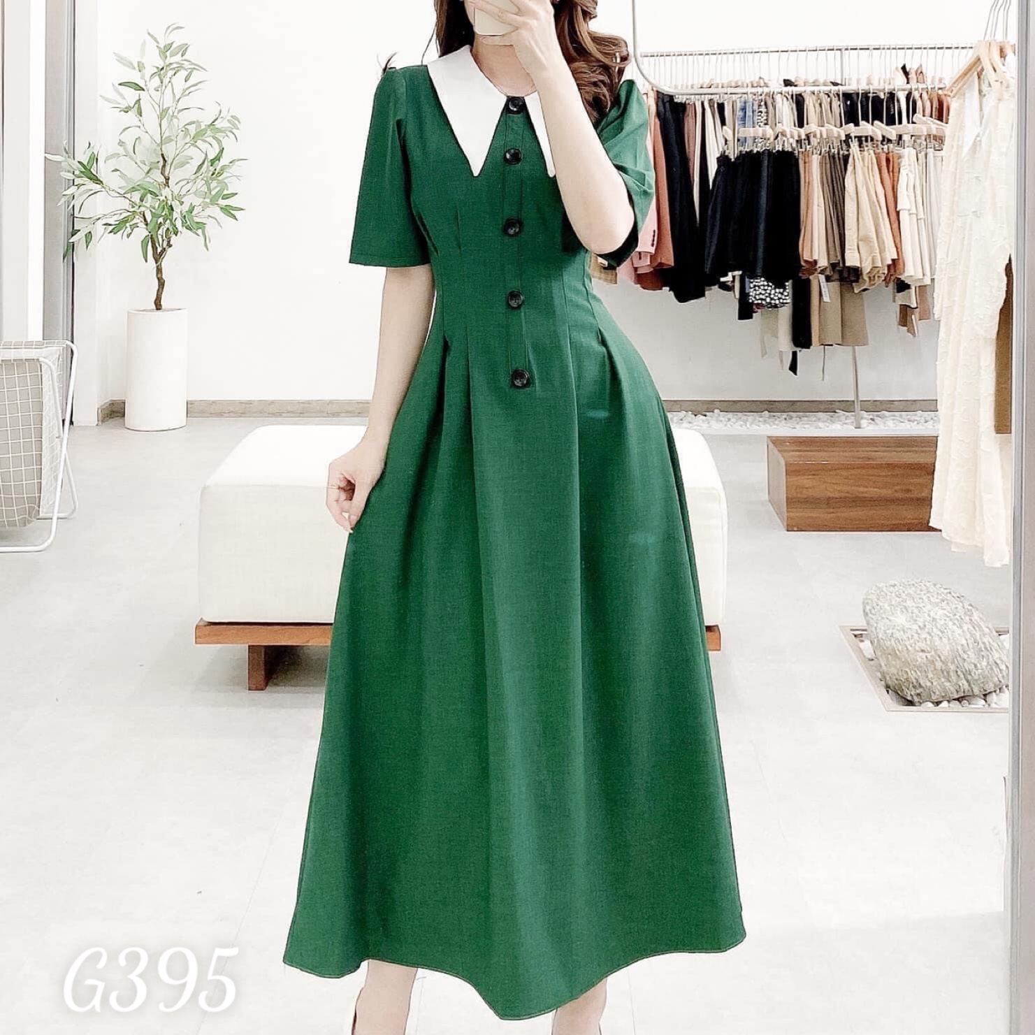 Đầm xoè maxi xếp ly cổ bẻ phối nút dạo phố voan lụa G395