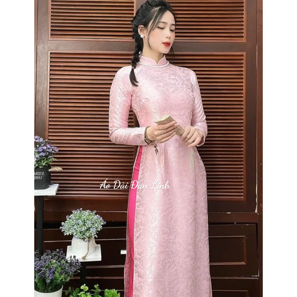 Áo dài gấm màu hồng ngọt ngào - Áo Dài Đan Linh