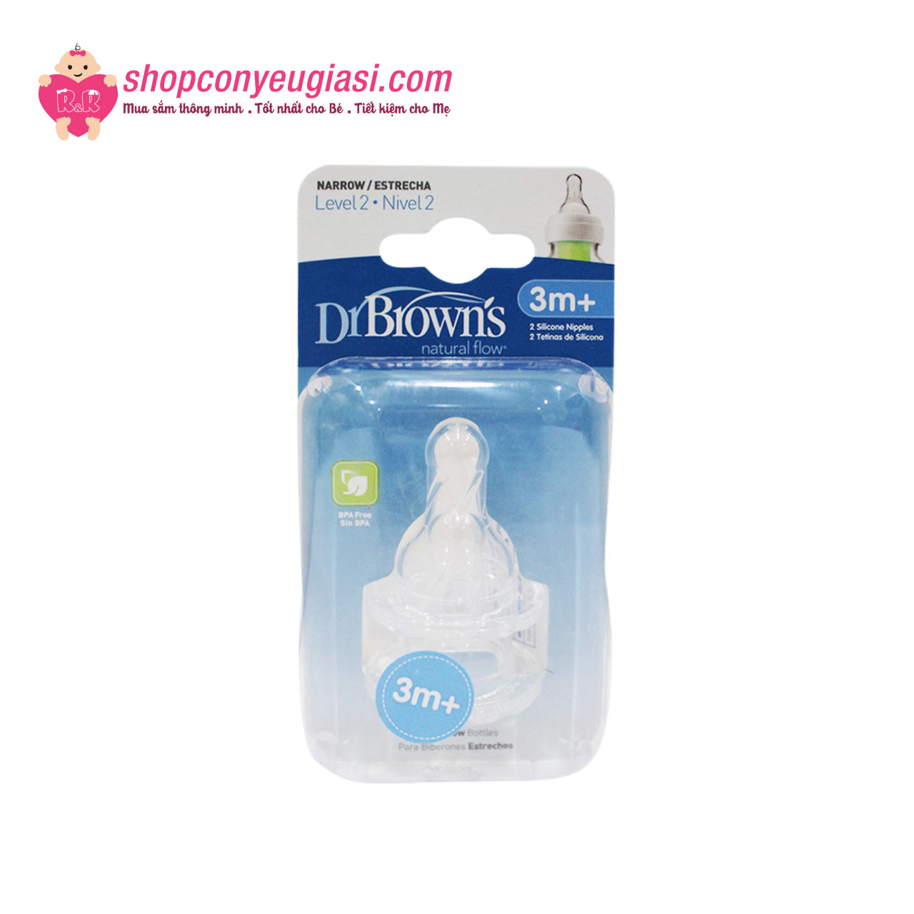 Hộp 2 núm ty Dr.Brown's cổ hẹp số 1, 2, 3, 4